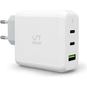 iWant duální GaN síťová 2x USB-C + USB-A nabíječka 65W bílá