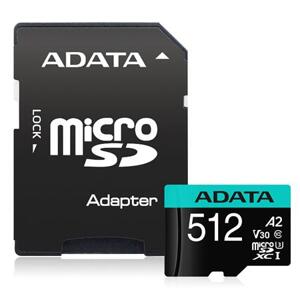 ADATA MicroSDXC 512GB U3 V30S až 95MB s + adaptér; AUSDX512GUI3V30SA2-RA1