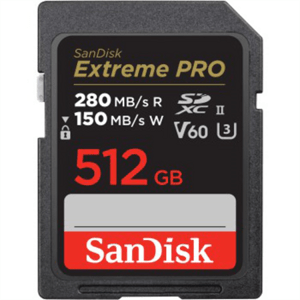 SanDisk Extreme PRO 512 GB V60 UHS-II SD cards, 280/150 MB/s,V60,C10,UHS-II; SDSDXEP-512G-GN4IN