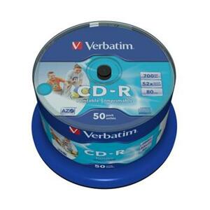 Verbatim CD-R 700MB 52x, 50ks - média, Wide Inkjet Printable - AZO, spindle, bez ID dodavatele, matný 43438; 43438