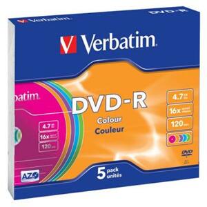 Verbatim DVD-R 4,7GB 16x Colour, 5ks - média, AZO, barevné, slim jewel 43557; 43557