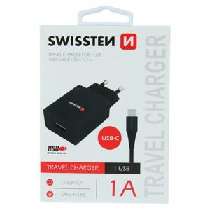 Swissten síťový adaptér smart IC 1X USB 1A power + datový kabel USB / Type C 1,2 M, černý; 22064000