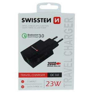 Swissten síťový adaptér 2x USB qc 3.0 + USB, 23w černý; 22060200
