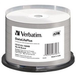 Verbatim CD-R(50-pack) spindl, AZO 52X,700MB,WHITE WIDE THERMAL PRINTABLE SURFACE NON-ID 43756; 43756