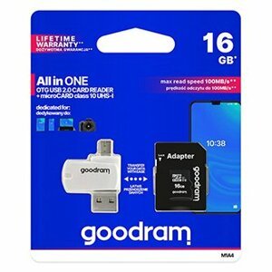 GoodRam microSDHC karta 16GB M1A4 All-in-one (R:100/W:10 MB/s), UHS-I Class 10, U1 + Adapter + OTG card reader/čtečka; M1A4-0160R12