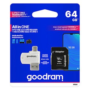 GoodRam microSDXC karta 64GB M1A4 All-in-one (R:100/W:10 MB/s), UHS-I Class 10, U1 + Adapter + OTG card reader/čtečka; M1A4-0640R12