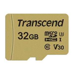 Transcend 32GB microSDHC 500S UHS-I U3 V30 (Class 10) MLC paměťová karta (s adaptérem), 95MB/s R, 55MB/s W; TS32GUSD500S