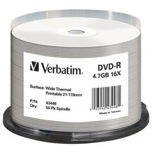 Verbatim DVD-R 4,7GB 16x Thermal Printable No-ID, 50ks - média, potisknutelné na termo tiskárnách, bez loga, spind 43448; 43448