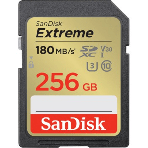 SanDisk Extreme 256 GB SDXC Memory Card 180 MB/s and 130 MB/s UHS-I, Class 10, U3, V30; SDSDXVV-256G-GNCIN