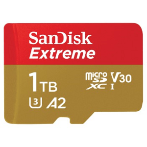 SanDisk Extreme microSDXC 1 TB + SD Adapter190 MB/s and 130 MB/s A2 C10 V30 UHS-I U3; SDSQXAV-1T00-GN6MA