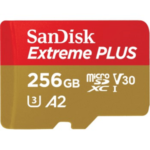 SanDisk Extreme PLUS microSDXC 256 GB + SD Adapter 200 MB/s and 140 MB/s  A2 C10 V30 UHS-I U3; SDSQXBD-256G-GN6MA