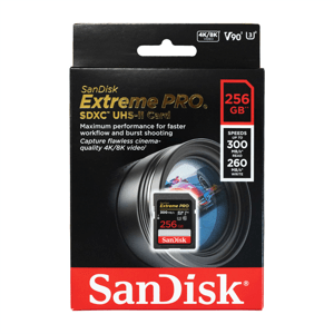 SanDisk Extreme PRO 256 GB SDXC Memory Card up to 300 MB/s, UHS-II, Class 10, U3, V90; SDSDXDK-256G-GN4IN