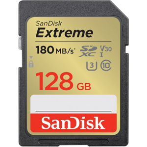 SanDisk Extreme 128GB SDXC Memory Card 180 MB/s and 90 MB/s, UHS-I, Class 10, U3, V30; SDSDXVA-128G-GNCIN