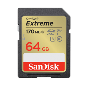 SanDisk Extreme 64GB SDXC Memory Card 170MB/s and 80MB/s, UHS-I, Class 10, U3, V30; SDSDXV2-064G-GNCIN