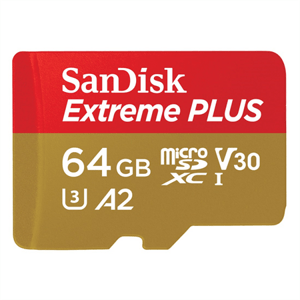 SanDisk Extreme PLUS microSDXC 64GB + SD Adapter 200MB/s and 90MB/s A2 C10 V30 UHS-I U8; SDSQXBU-064G-GN6MA