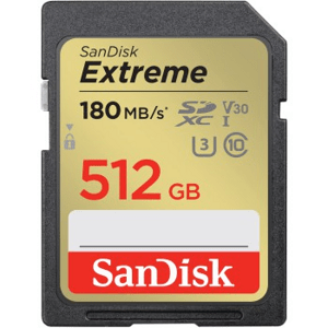SanDisk Extreme 512 GB SDXC Memory Card 180 MB/s and 130 MB/s, UHS-I, Class 10, U3, V30; SDSDXVV-512G-GNCIN