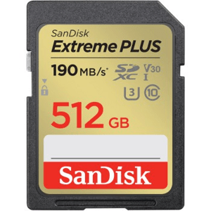 SanDisk Extreme PLUS 512 GB SDXC Memory Card 190 MB/s and 130 MB/s, UHS-I, Class 10, U3, V30; SDSDXWV-512G-GNCIN