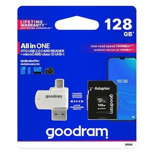 GoodRam microSDXC karta 128GB M1A4 All-in-one (R:100/W:10 MB/s), UHS-I Class 10, U1 + Adapter + OTG card reader/čtečka; M1A4-1280R12