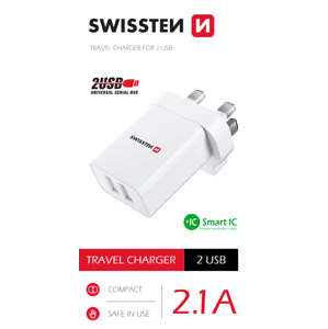 Swissten síťový adaptér 2x usb 10,5W pro UK zásuvku bílý; 22045100