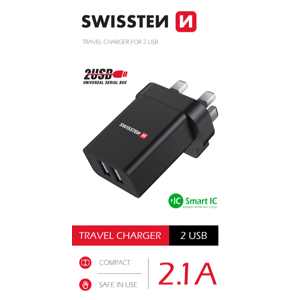 Swissten síťový adaptér 2x usb 10,5W pro UK zásuvku černý; 22045200