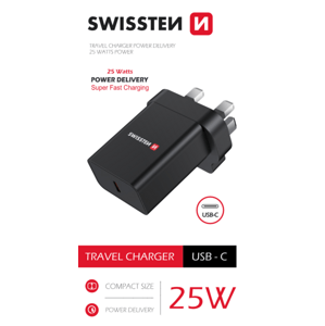 Swissten síťový adaptér pd 25W pro iPhone a Samsung pro UK zásuvku černý; 22045300