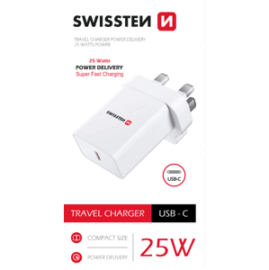 Swissten síťový adaptér pd 25W pro iPhone a Samsung pro UK zásuvku bílý; 22045400