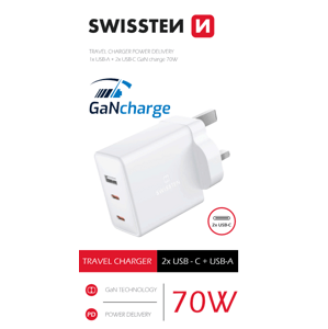 Swissten síťový adaptér Gan 2x USB-C + 1x usb 70W pro UK zásuvku; 22045500