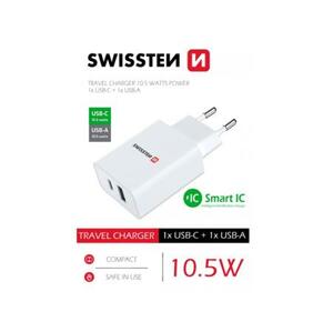 Swissten síťový adaptér 1x USB-C + 1x USB 2,1A 10,5W BÍLÝ; 22040100