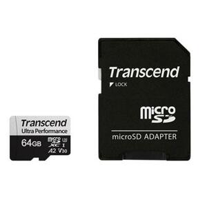 Transcend 64GB microSDXC 340S UHS-I U3 V30 A2 3D TLC (Class 10) paměťová karta (s adaptérem), 160MB s R, 80MB s W; TS64GUSD340S